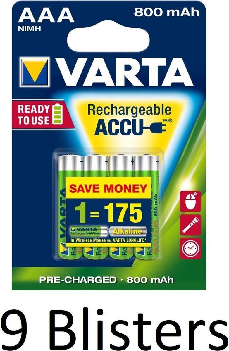 36 Stuks (9 Blisters a 4 st) Varta AAA Oplaadbare Batterijen - 800mAh