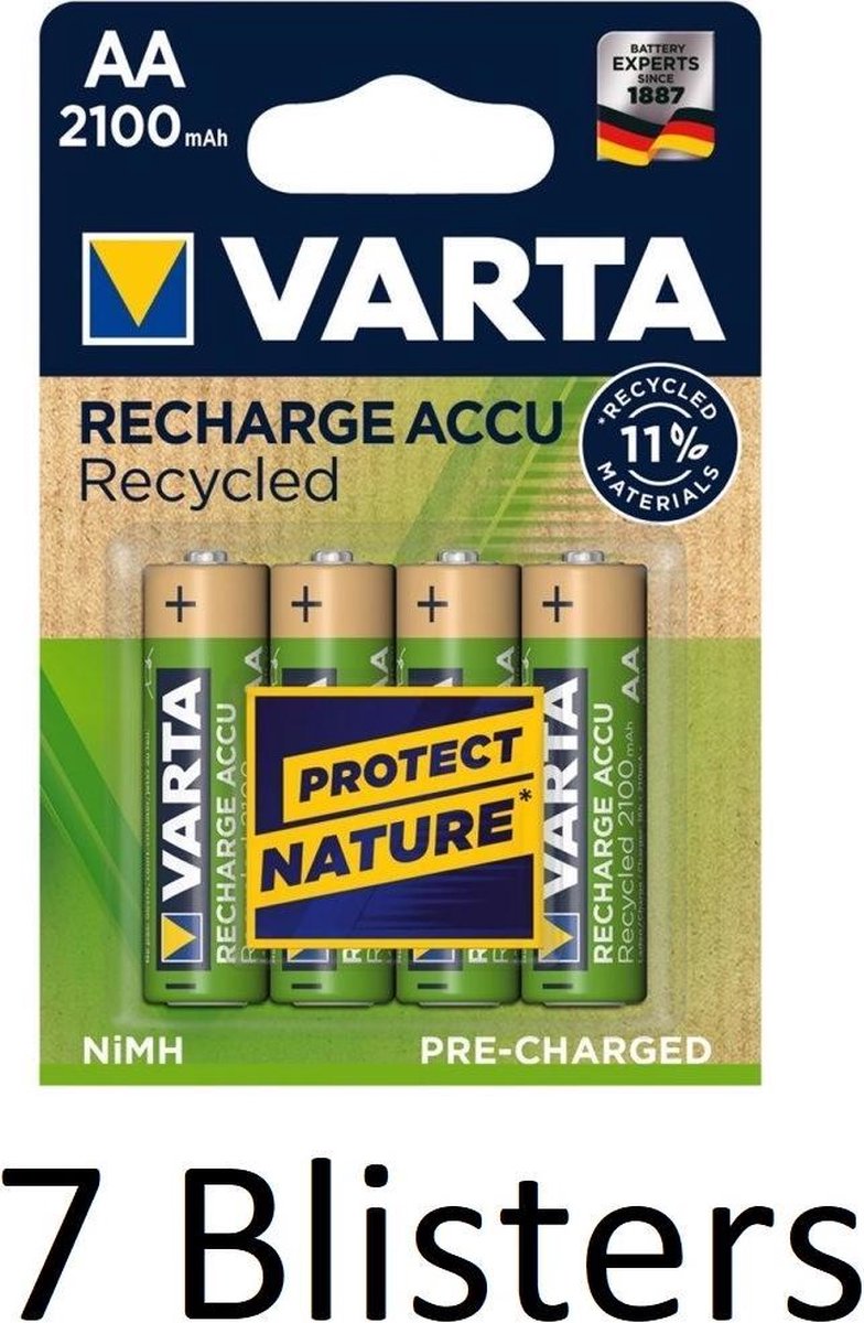 28 Stuks (7 Blisters a 4 st) Varta Recharge Accu Recycled AA Oplaadbare Batterijen 2100 mAh