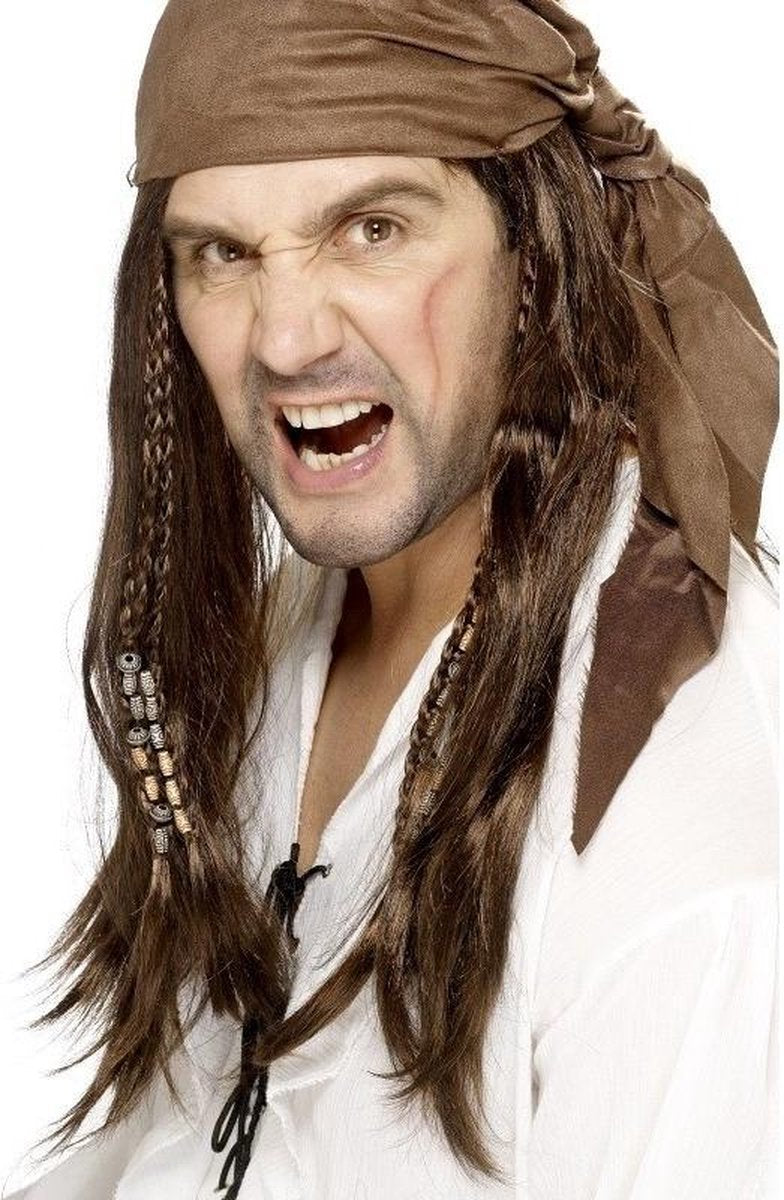 Bruine piratenpruik met bandana voor heren