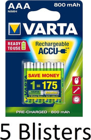 20 Stuks (5 Blisters a 4 st) Varta AAA Oplaadbare Batterijen - 800mAh