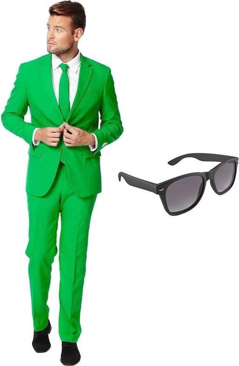 Groen heren kostuum / pak - maat 56 (XXXL) met gratis zonnebril