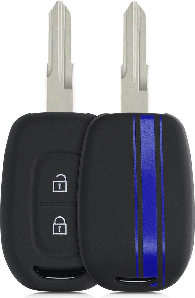 kwmobile autosleutelhoes voor Renault Dacia 2-knops draadloze autosleutel - Siliconen beschermhoes in blauw / zwart - Rallystrepen design