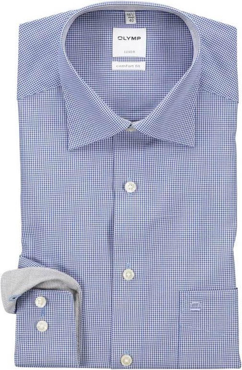 OLYMP Luxor comfort fit overhemd - donkerblauw met wit geruit (contrast) - Strijkvrij - Boordmaat: 49