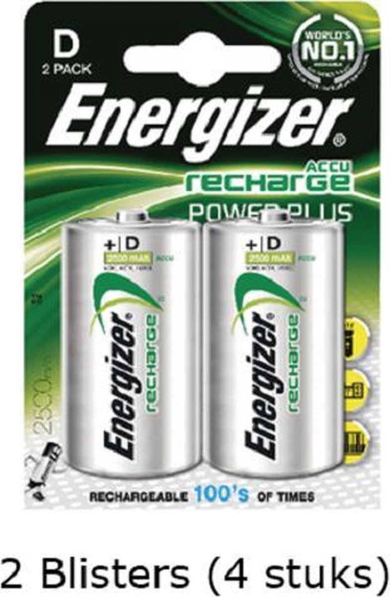 4 stuks (2 blisters a 2 stuks) Energizer D Power Plus Batterij oplaadbaar 1.2V 2500mAh rechargeable