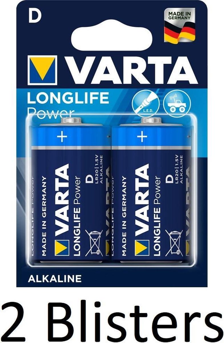 4 Stuks (2 Blisters a 2 st) Varta Longlife Power D Batterijen
