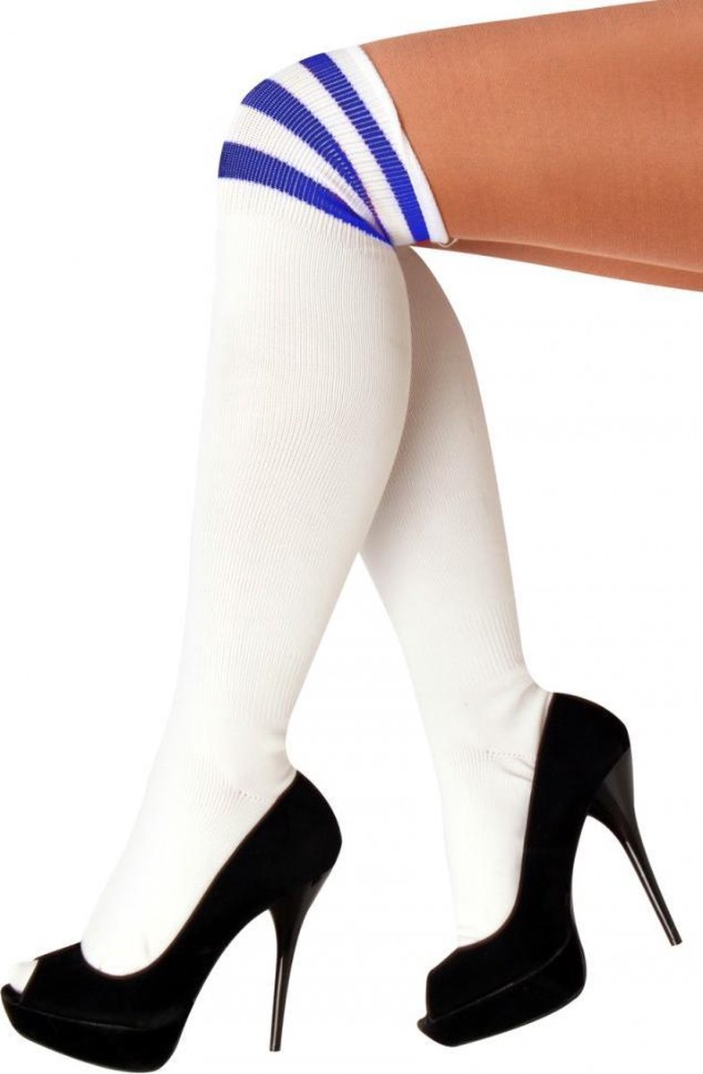 Lange sokken wit blauwe strepen - 36-41 - witte kniekousen kousen sportsokken cheerleader voetbal hockey unisex