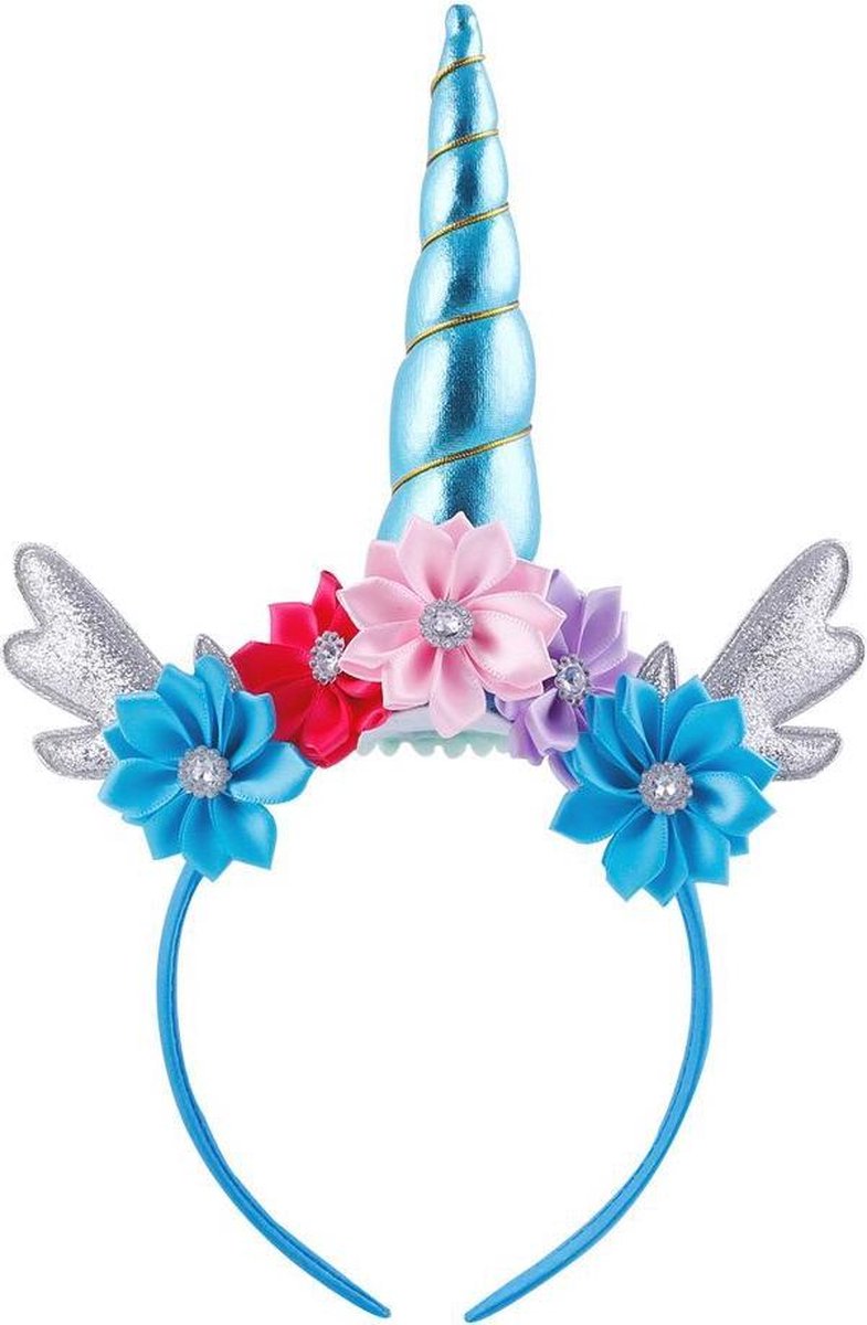 Eenhoorn diadeem blauw zilver unicorn haarband met gewei/oortjes en bloemetjes - zilveren hoorn bloemen blauw roze rood paars festival