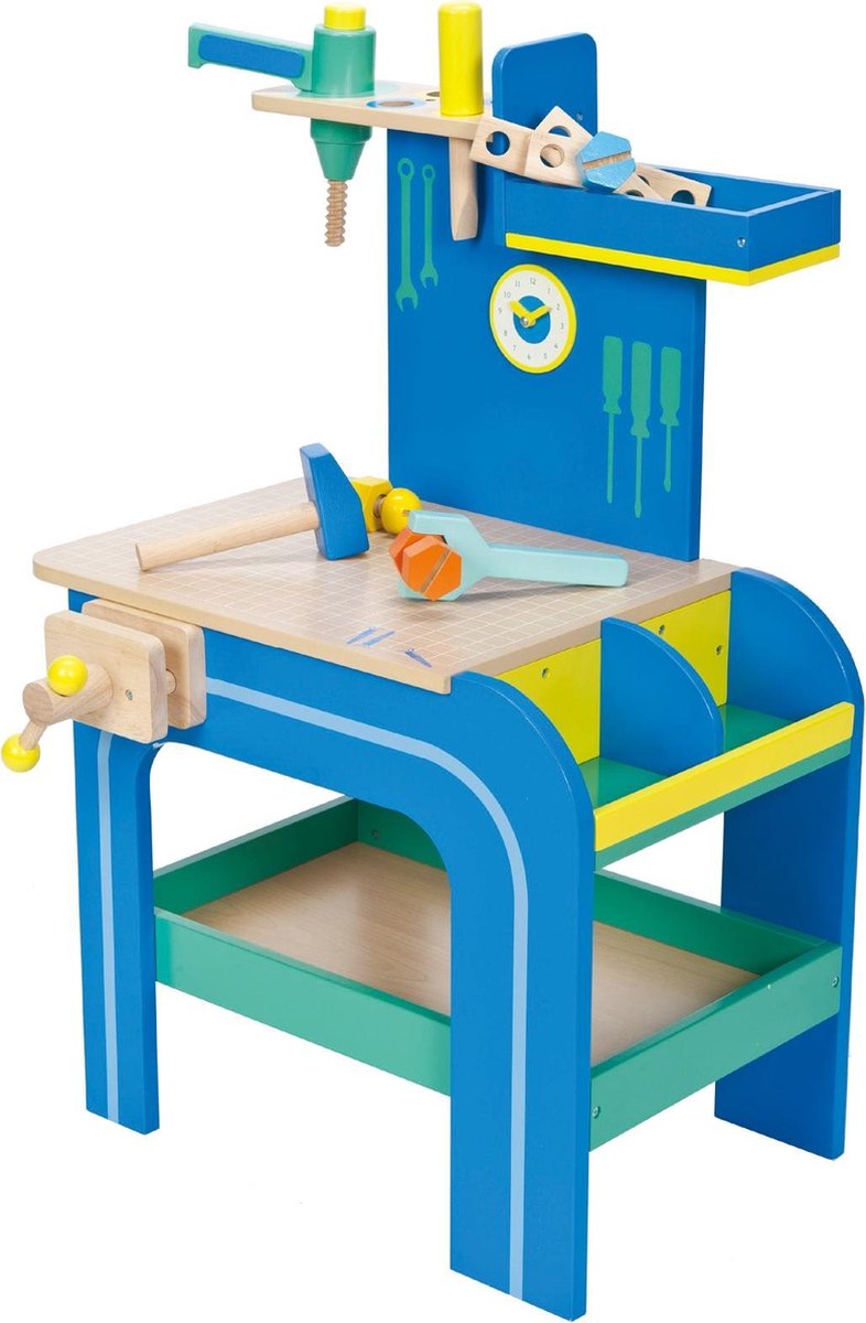 Mentari - Grote houten werkbank donkerblauw - inclusief accessoires
