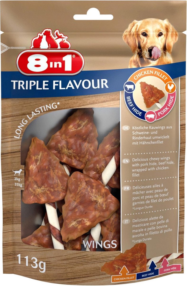 8in1 Delights Wings Triple Flavour - Hondensnacks - Kip Varken Rund 6 stuks