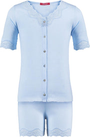 Exclusief Luxueus Kinder nachtkleding Luxe mooie zacht blauwe Girly Shorty Pyjama Set van Hanssop met verfijnde kant details