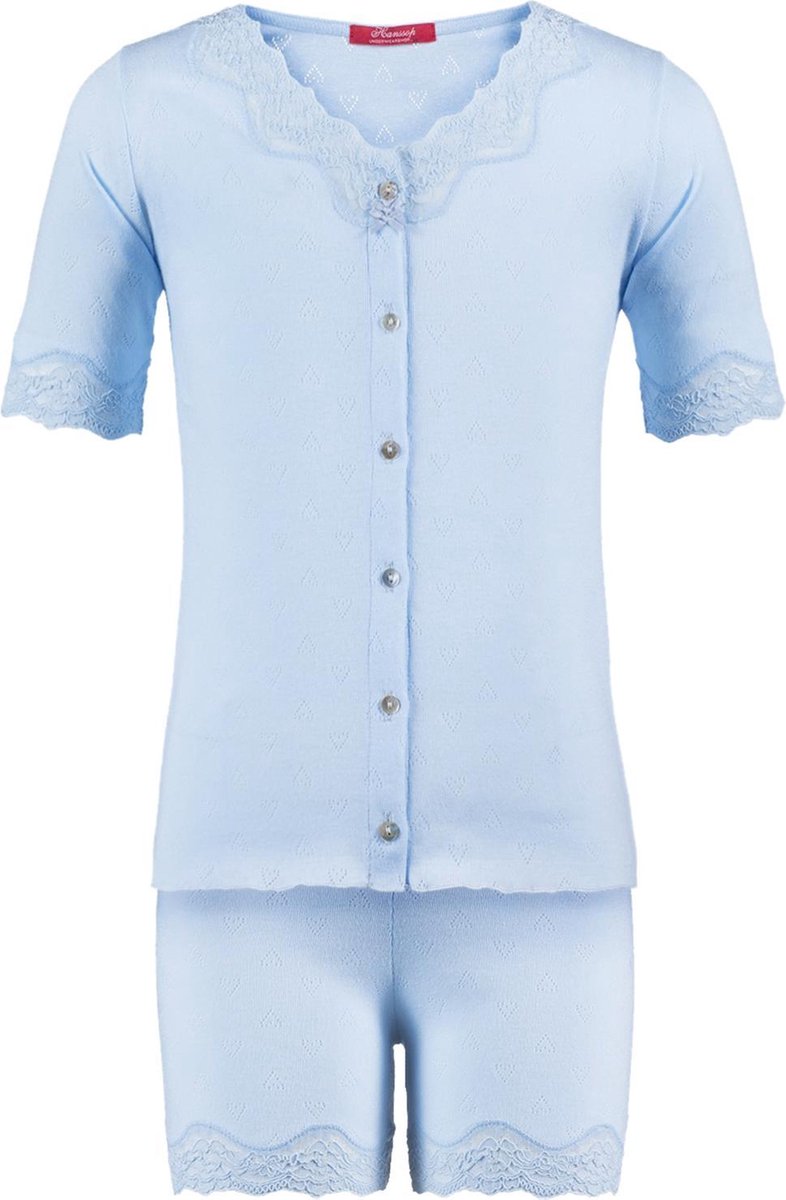 Exclusief Luxueus Kinder nachtkleding Luxe mooie zacht blauwe Girly Shorty Pyjama Set van Hanssop met verfijnde kant details
