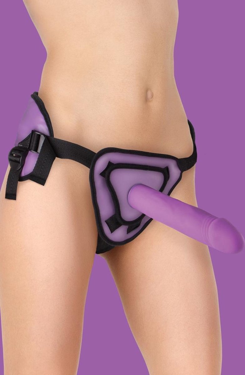 Ouch! – Siliconen Voorbind Dildo met Schroef Sluiting en Stevige Harnas 25 cm - Paars