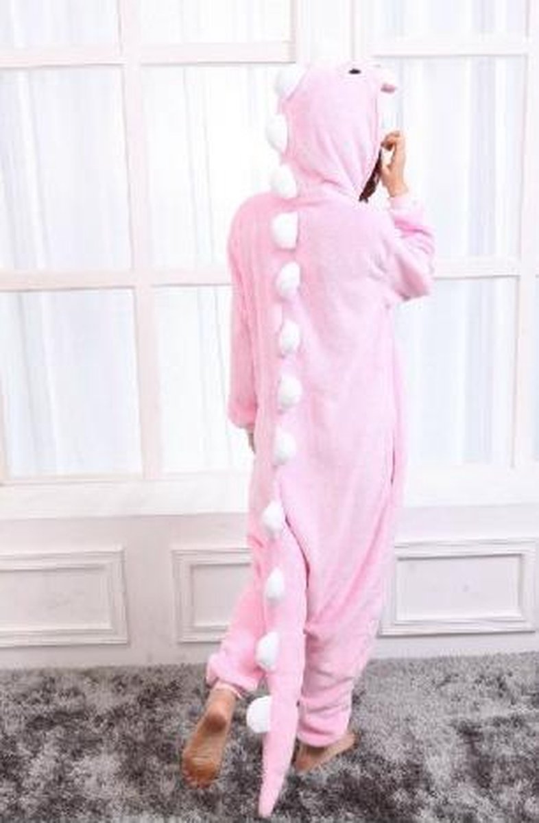 KIMU Onesie lichtroze draak pak kostuum dinosaurus roze dino - maat M-L - drakenpak jumpsuit huispak