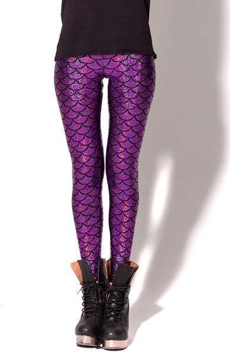 Zeemeermin kinder legging paars - maat 104-110 - kleine mermaid Ariel schubben glitter broek metallic