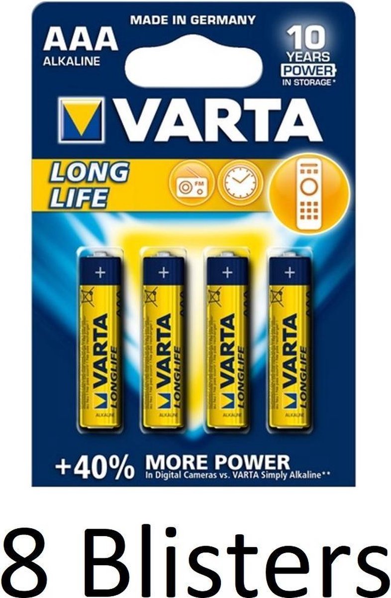 32 Stuks (8 Blisters a 4 st) Varta Longlife AAA Alkaline Batterij