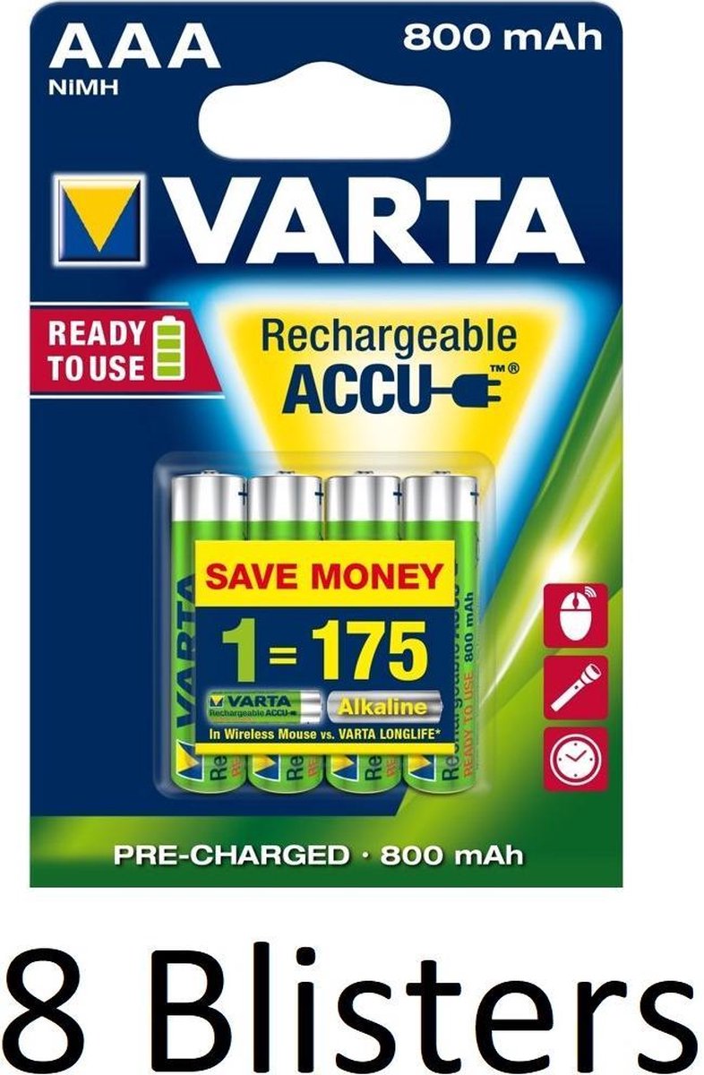 32 Stuks (8 Blisters a 4 st) Varta AAA Oplaadbare Batterijen - 800mAh