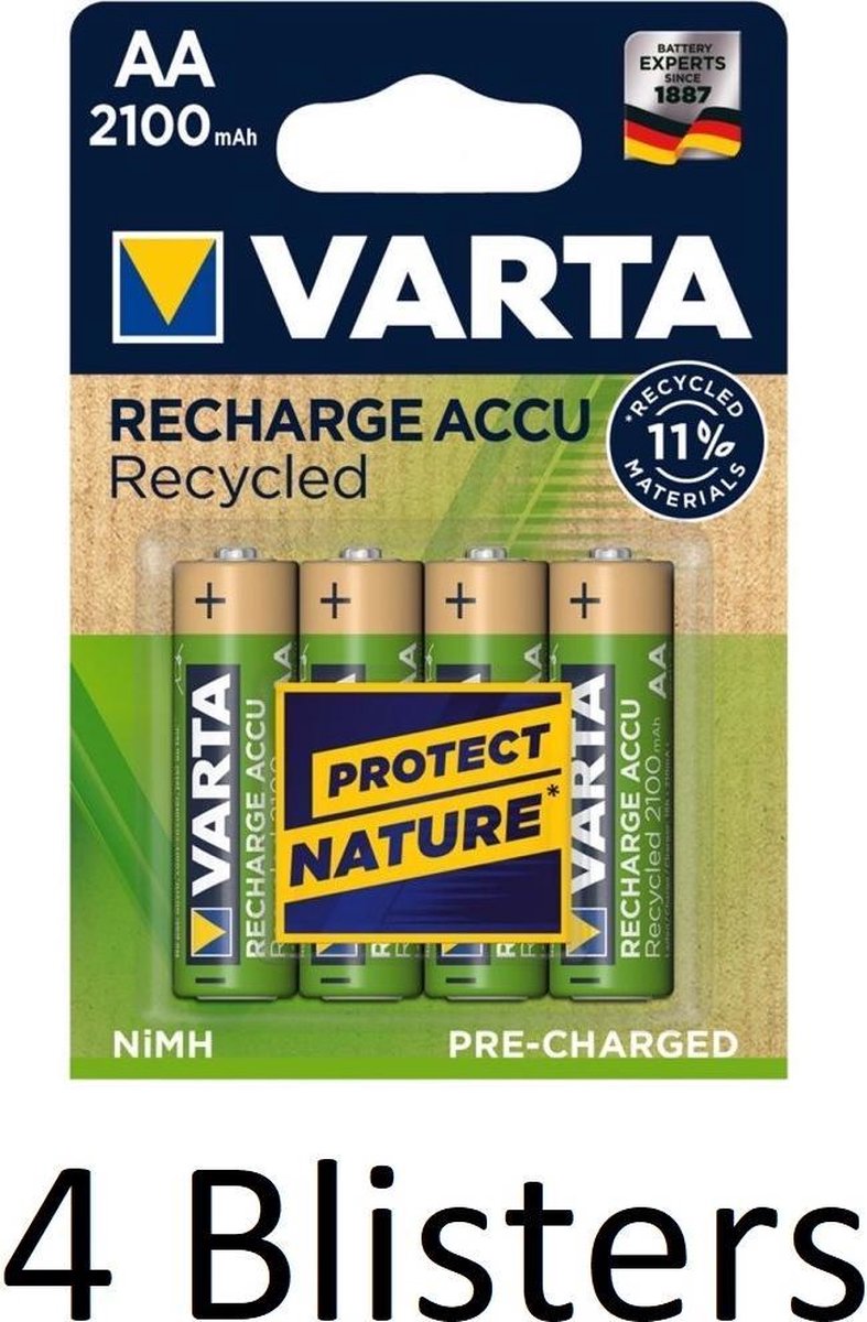 16 Stuks (4 Blisters a 4 st) Varta Recycled AA Oplaadbare Batterijen - 2100 mAh