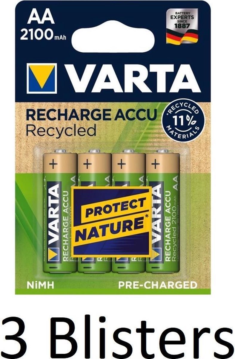 12 Stuks (3 Blisters a 4 st) Varta Recharge Accu Recycled AA Oplaadbare Batterijen 2100 mAh