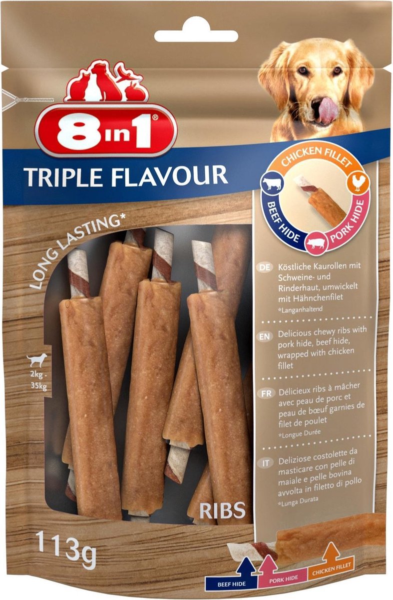 8in1 Delights Ribs Triple Flavour - Hondensnacks - Kip Varken Rund 6 stuks