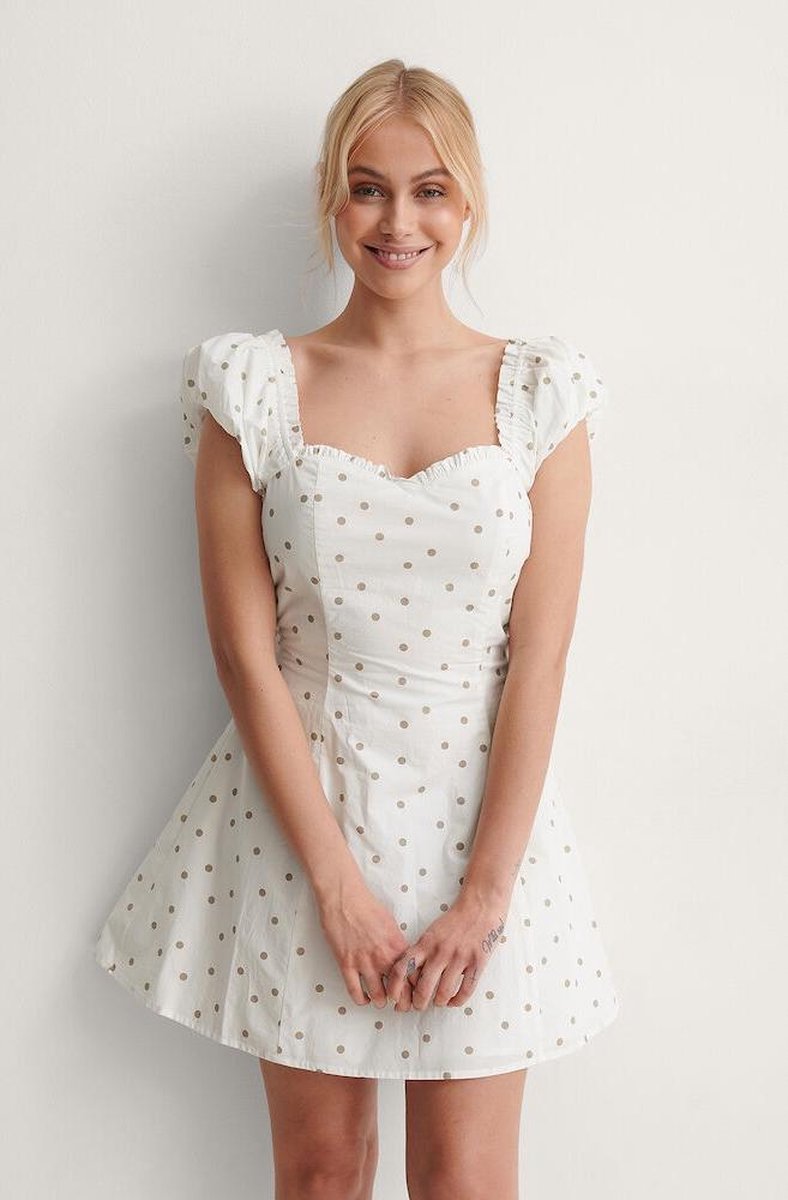 NA-KD Dotted Mini Vrouwen Jurk - White/Beige - Maat EU 38