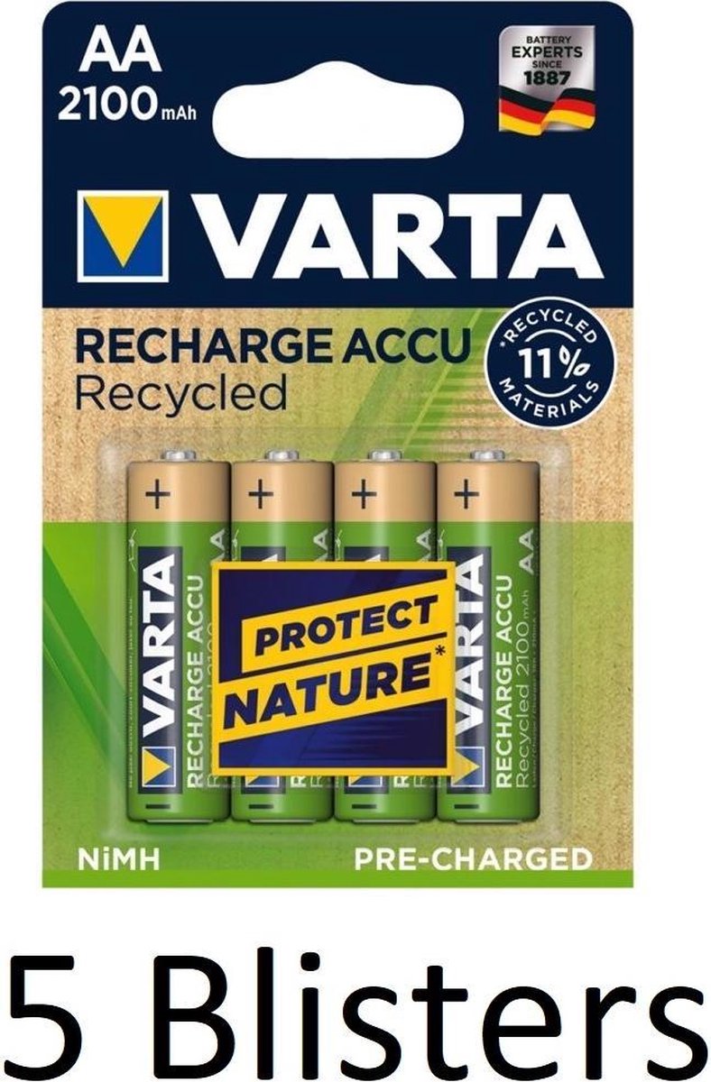 20 Stuks (5 Blisters a 4 st) Varta Recharge Accu Recycled AA Oplaadbare Batterijen 2100 mAh