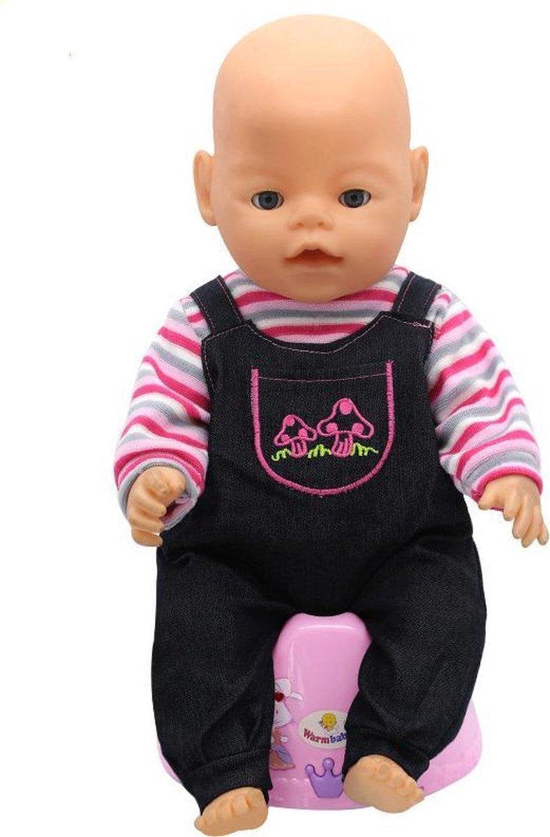 Dolldreams | Boxpakje voor baby pop - tuinbroek met paddestoelen en gestreept shirt. Poppenkleding voor Baby Born