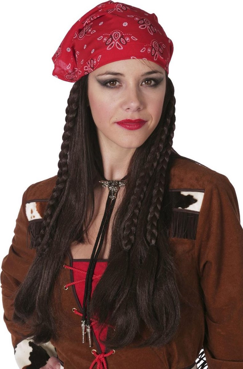 Flower power pruik bruin met bandana