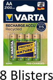 32 Stuks (8 Blisters a 4 st) Varta Recharge Accu Recycled AA Oplaadbare Batterijen 2100 mAh