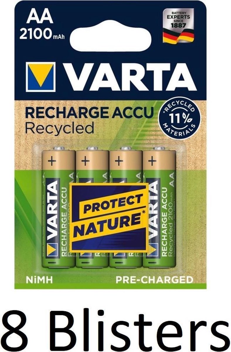 32 Stuks (8 Blisters a 4 st) Varta Recharge Accu Recycled AA Oplaadbare Batterijen 2100 mAh