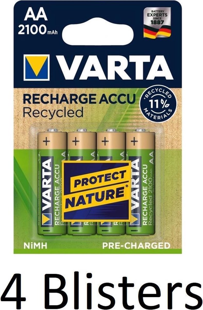 16 Stuks (4 Blisters a 4 st) Varta Recharge Accu Recycled AA Oplaadbare Batterijen 2100 mAh