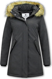 MATOGLA Dames Winterjas met Imitatie Bontkraag - Slim Fit - Zwart