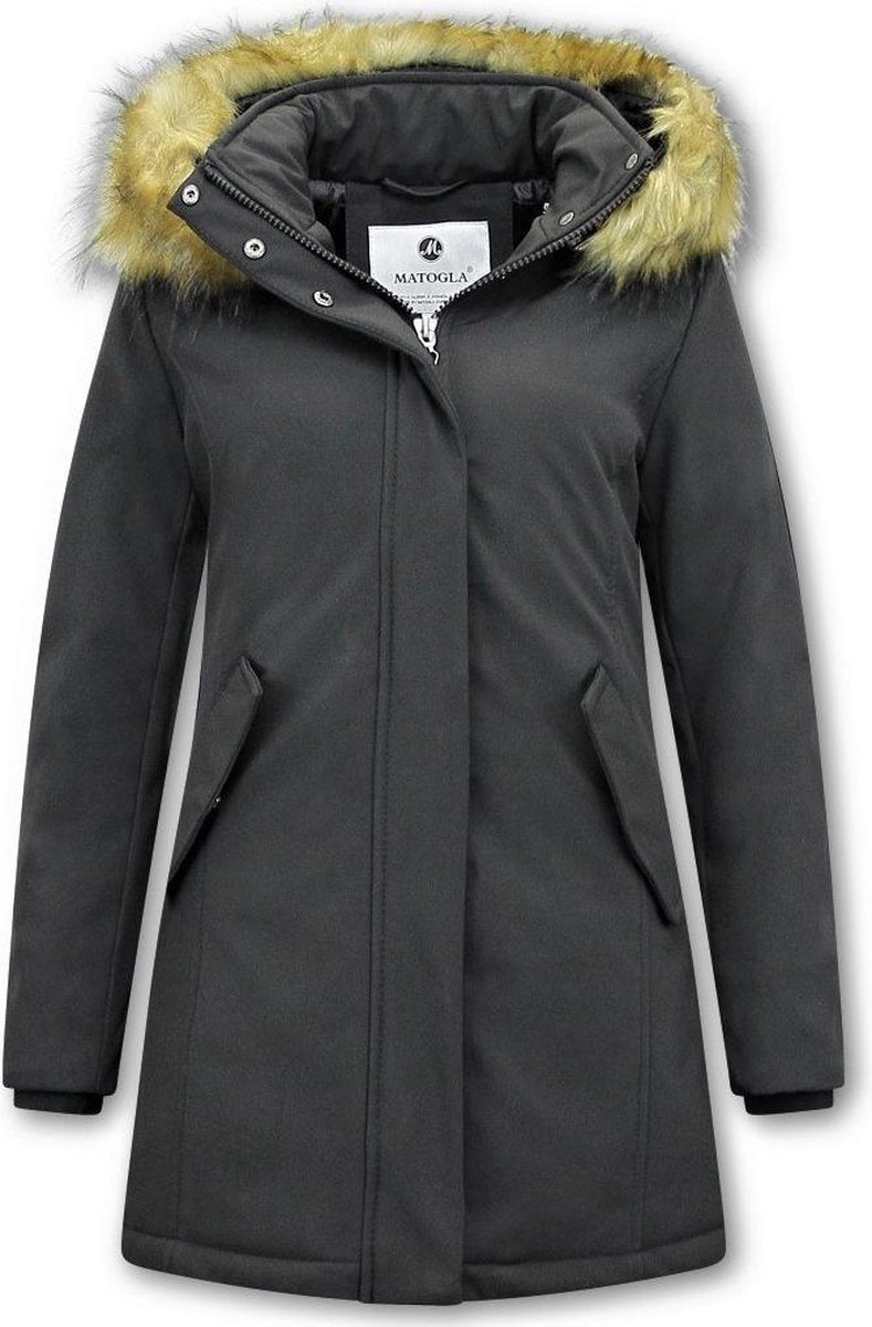 MATOGLA Dames Winterjas met Imitatie Bontkraag - Slim Fit - Zwart