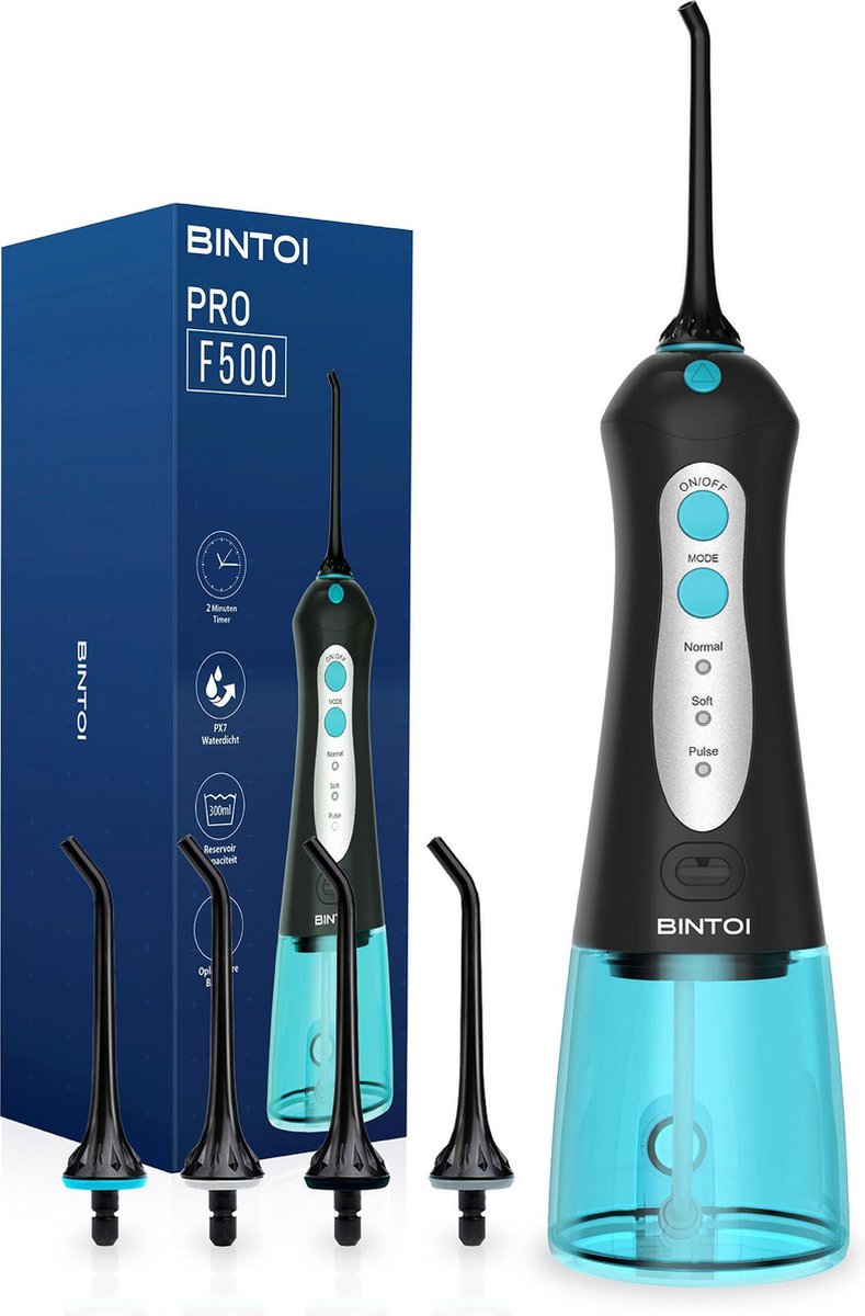 Bintoi® iSonic F500 - Waterflosser - Professionele Monddouche - Flos voor Beugels - Flosapparaten - 3 Standen en 4 Opzetstukjes - Waterpik - IPX7 Waterdicht - Incl. Reistas Cadeau