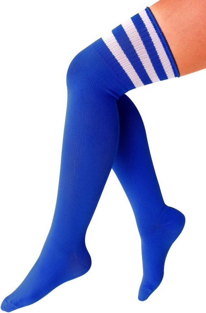 Lange sokken donkerblauw witte strepen - 36-41 - kniekousen blauwe kousen sportsokken cheerleader voetbal hockey unisex