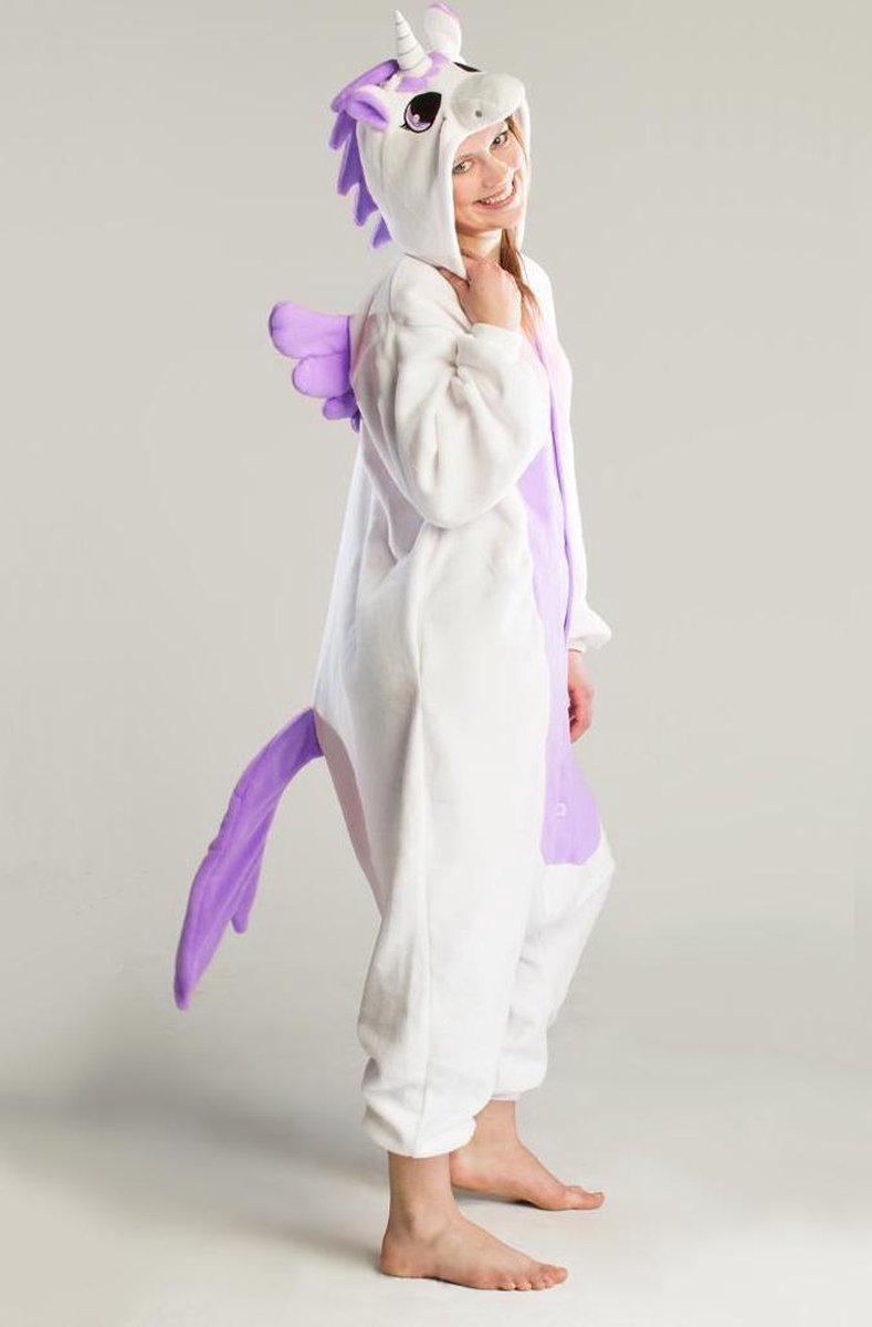 KIMU Onesie Pegasus eenhoorn pak wit paars unicorn kostuum - maat M-L - eenhoornpak jumpsuit huispak