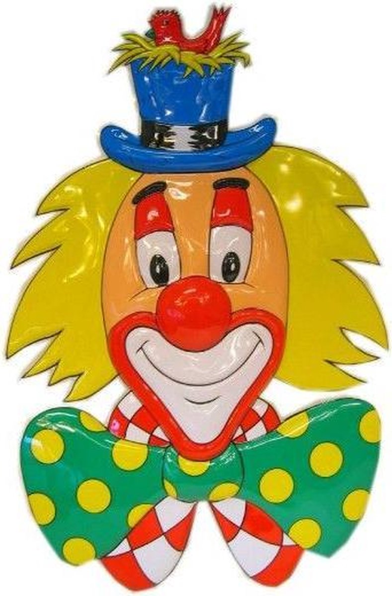 Decoratie clowns hoofd met hoed waar vogeltje in zit 70cm
