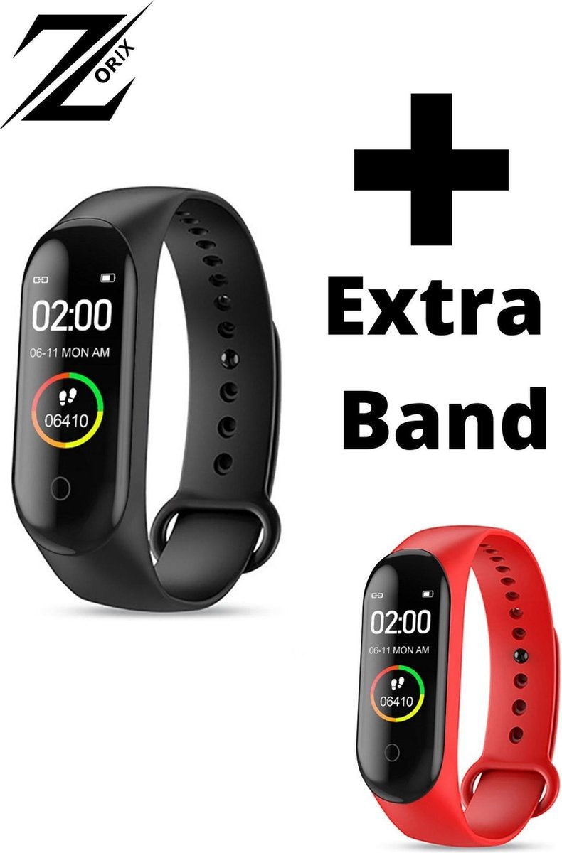 ZORIX®- M4 Stappenteller -Smartwatch- Activity Tracker - Sporthorloge - Heren - Dames - Zwart + Rood Band