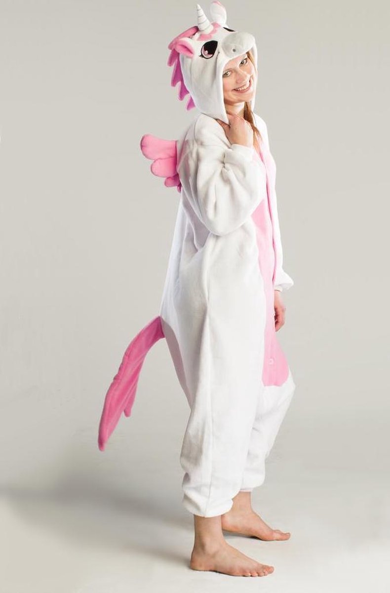 KIMU Onesie Pegasus eenhoorn pak wit roze unicorn kostuum - maat L-XL - eenhoornpak jumpsuit huispak