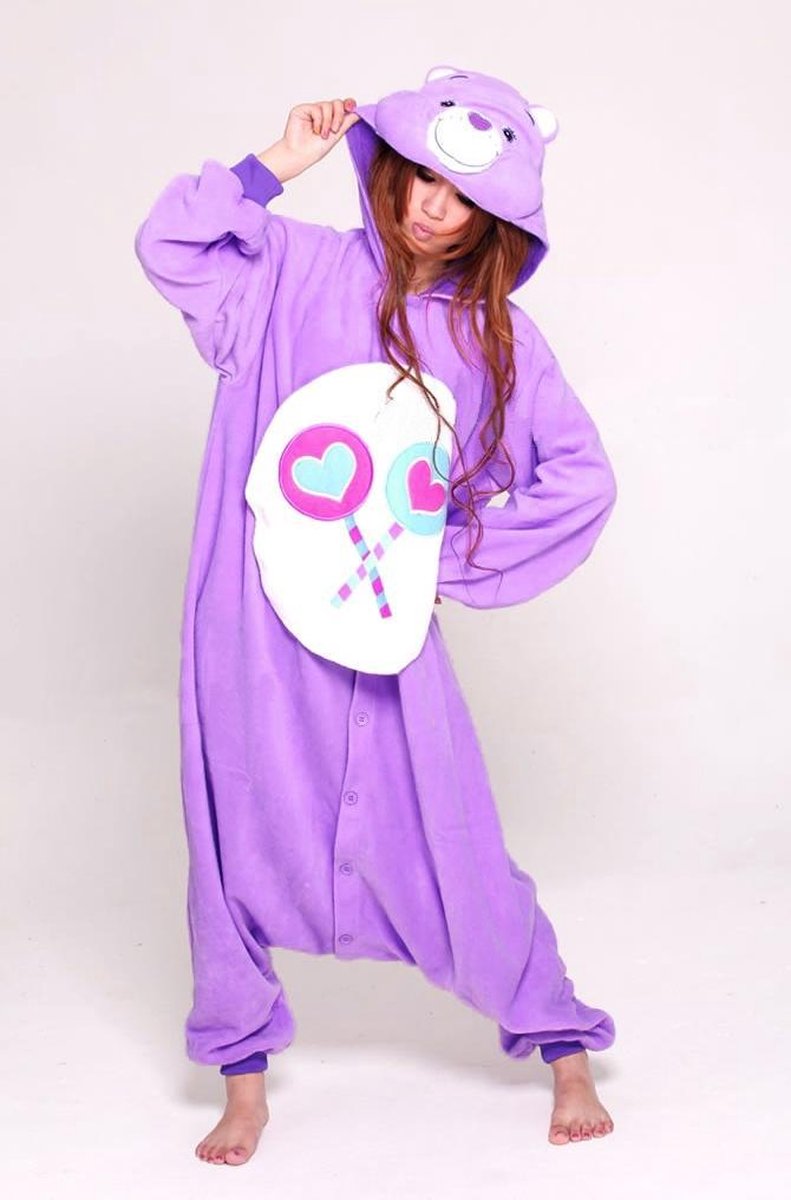 KIMU Onesie Troetelbeer paars - maat 110-116 - Troetelbeertjes pakje Share Bear kostuum lolly's kinder berenpak beer pyjama