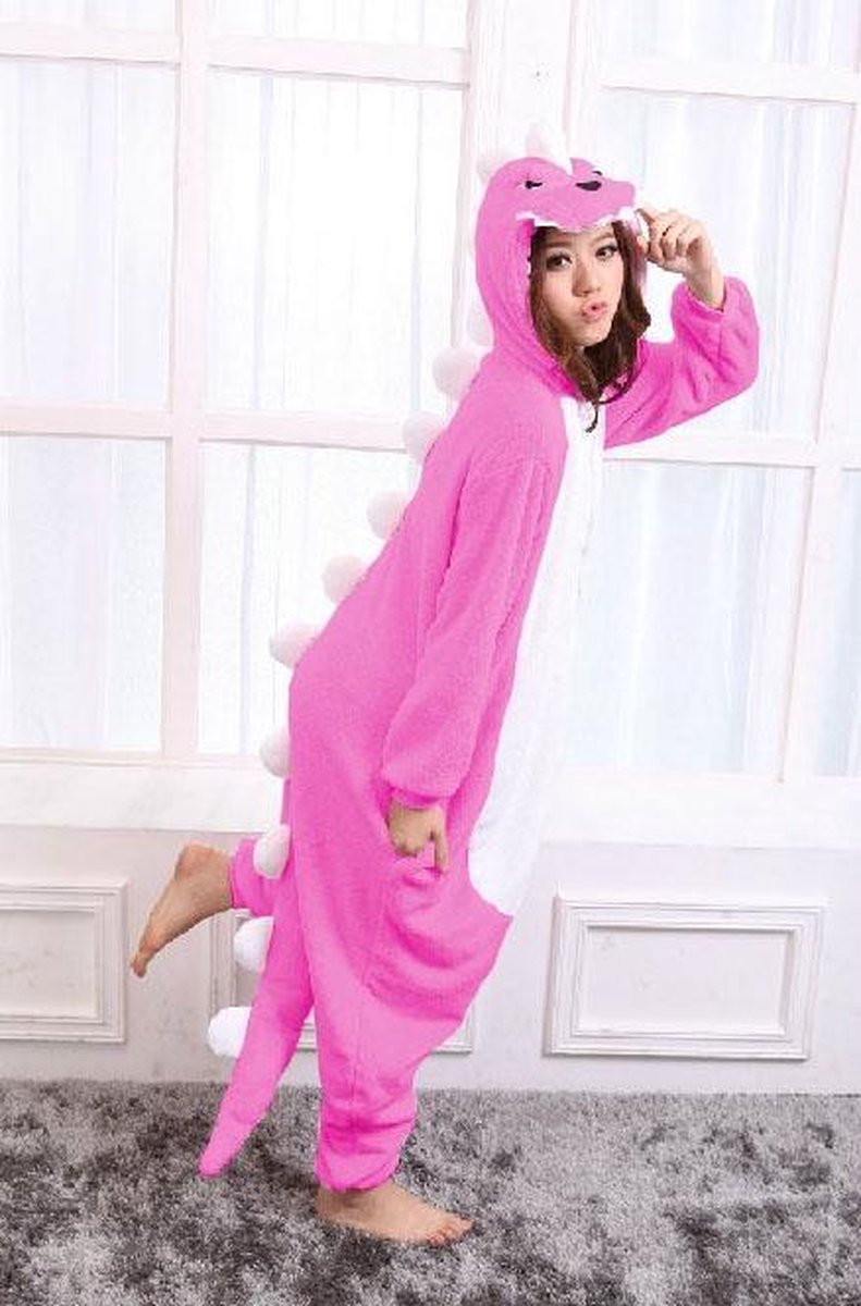 KIMU Onesie roze draak baby pakje krokodil dino - maat 68-74 - drakenpakje romper pyjama