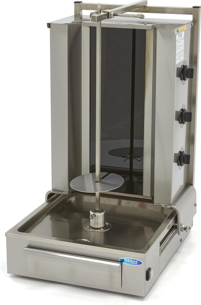 Doner Kebab / Gyros / Shoarma Grill 3 Branders - 400V - RVS - Max. 30 kg Vlees - Verstelbare Spies - Links + Rechts Draaiend - Doner Grill - Maxima
