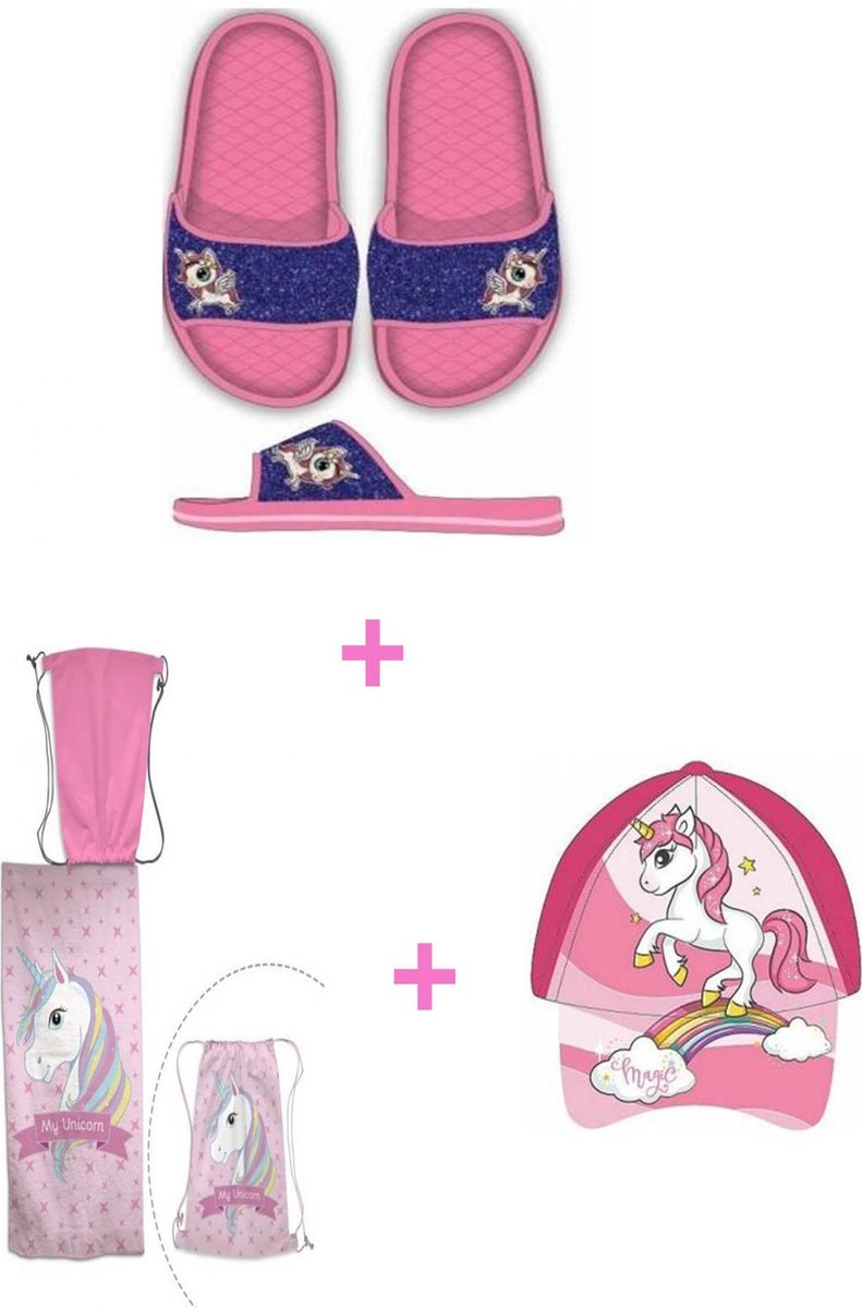 Unicorn 3-pak cadeau voor meisjes-strandlaken met zwemzak+pet/cap+badslippers-blauw