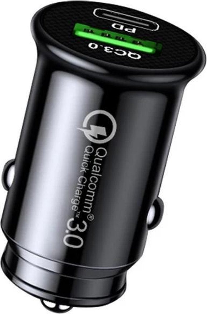 Dual USB (type A en C) Qualcomm 3.0 Snellader Auto - 48W - Mini Formaat - Led - Duo Lader - 12 tot 24 Volt - Quick Charge - Micro - Verlichting - Autolader - Usb Plug - Sigarettenaansteker - Telefoon en Tablet Laadplug - Telefoonlader Vrachtauto