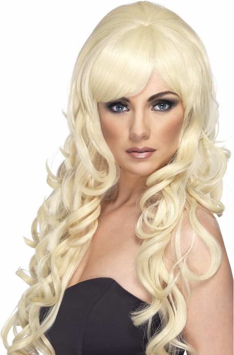 Blonde damespruik lang met krullen
