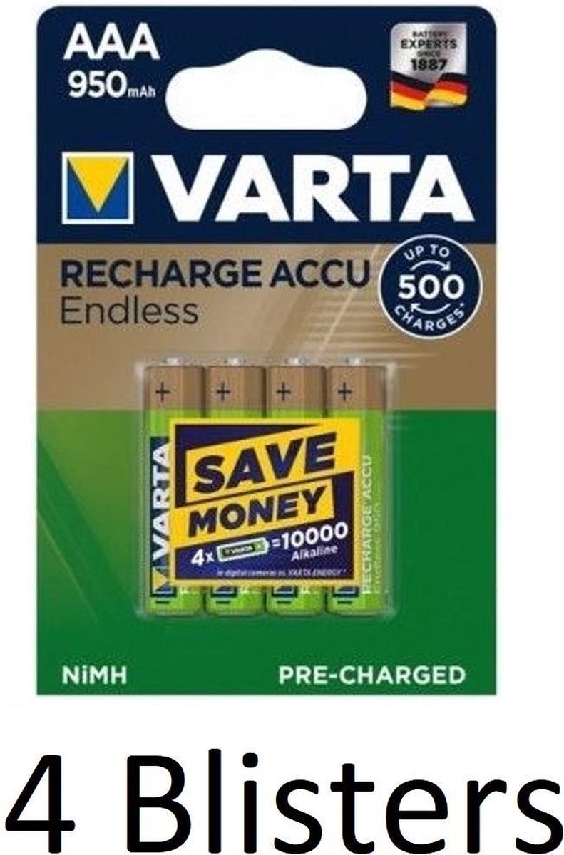 16 Stuks (4 Blisters a 4 st) Varta Endless AAA Oplaadbare Batterijen 950 mAh