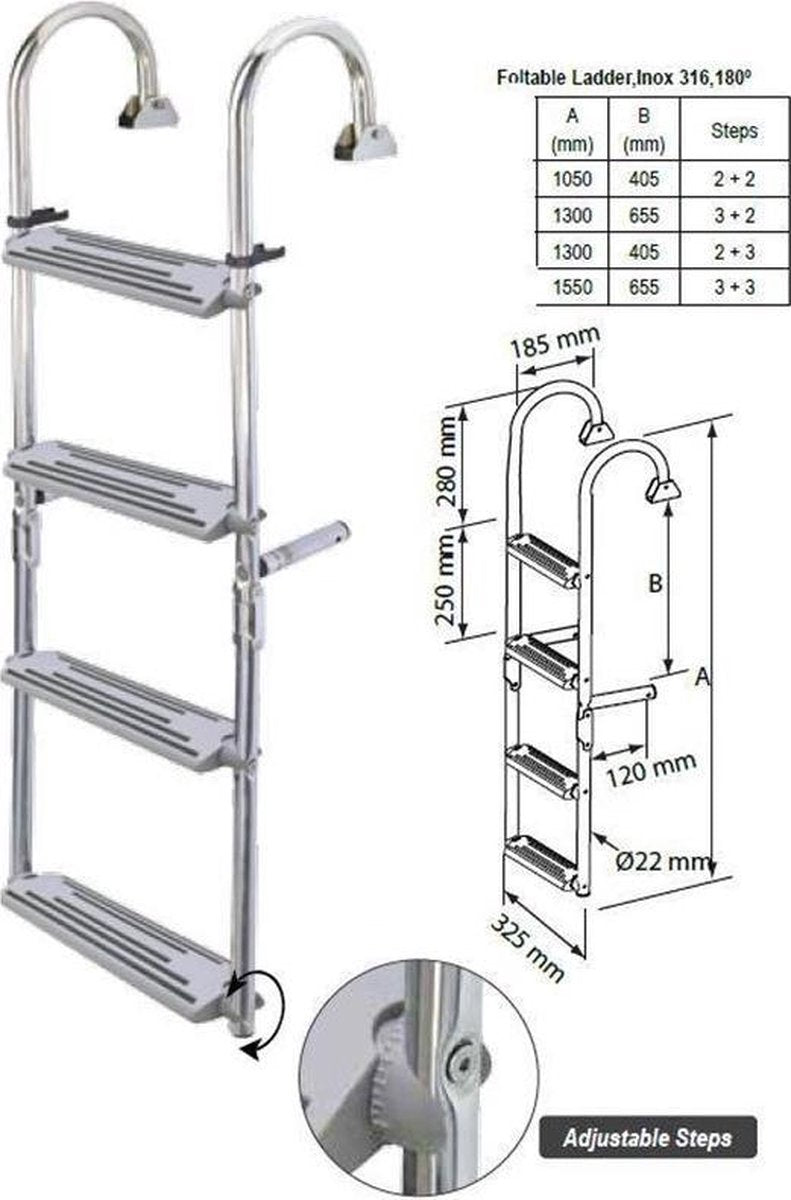 Lalizas L55695 opklapbare RVS Zwemtrap voor Dekmontage 1050 mm