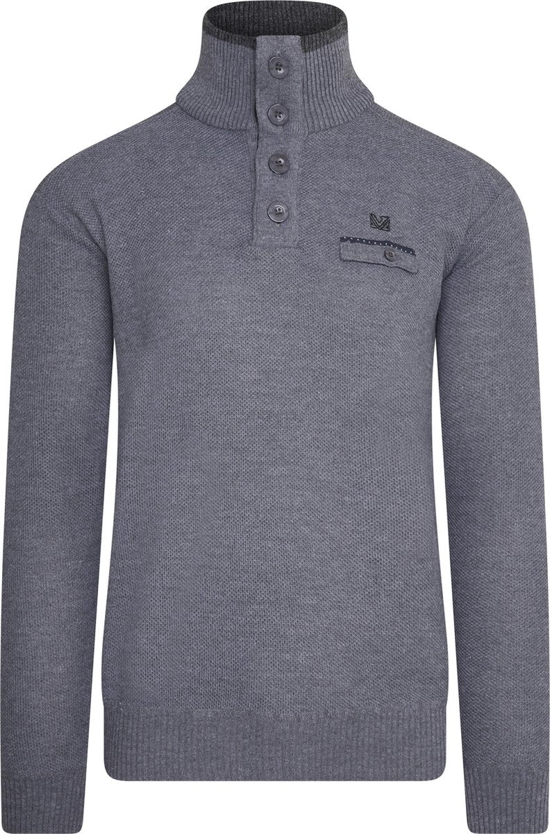 MZ72 - Heren Pullover - Troyerkraag - Fijn Gebreid - Borstzakje - Grijs