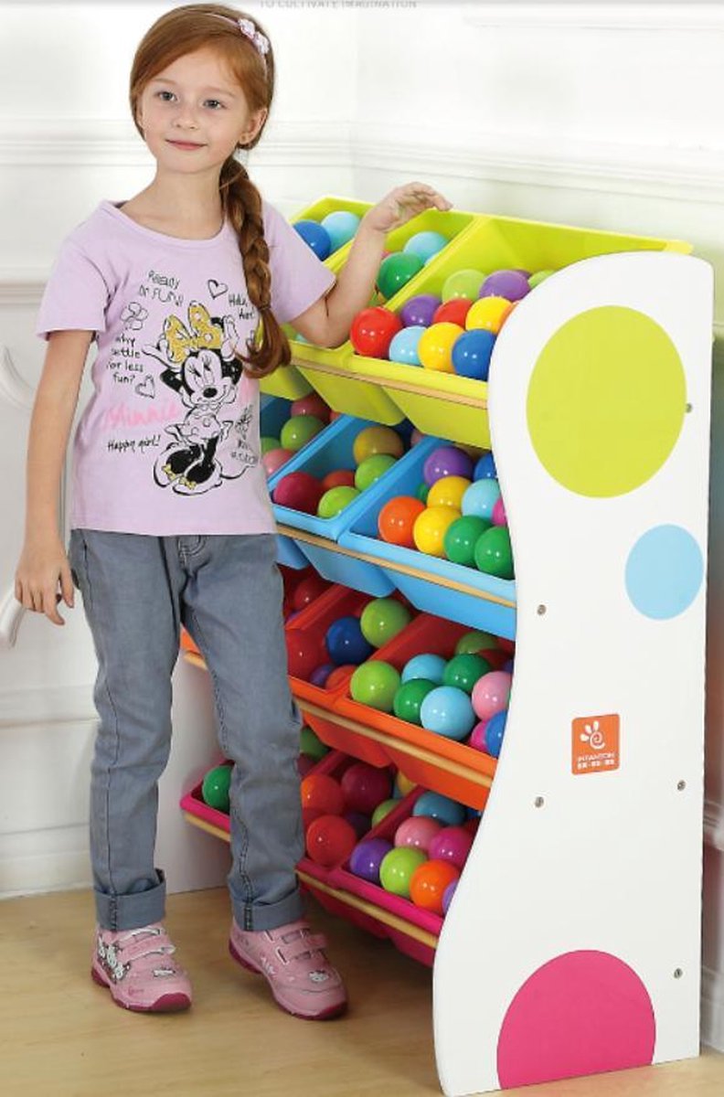 Infanton Massief houten 4-laags Kast met 12 Opslagbakken - Wit 86CM- Opbergkast - Speelgoedrek - Opbergrek kinderen - Speelgoedboxen - Opbergmeubel - Kast voor kinderkamer - Kinderkast - Organizer - Speelgoedkast - Meubels  kinderkamer