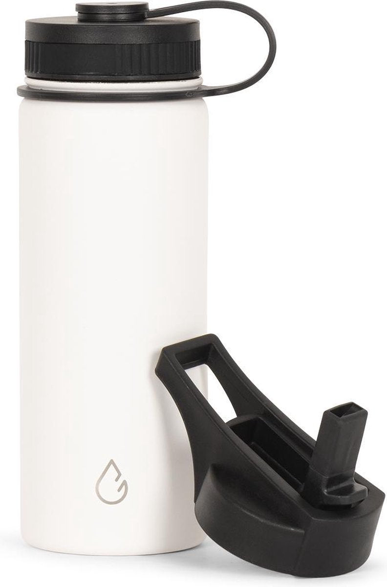 Wattamula PRO eco rvs drinkfles - wit - 530 ml - extra dop met rietje - waterfles - thermosfles