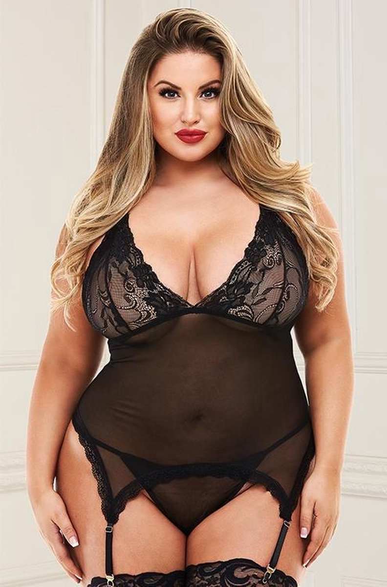 2 PC LACE & MESH CHEMISE GARTERSET TALLA UP